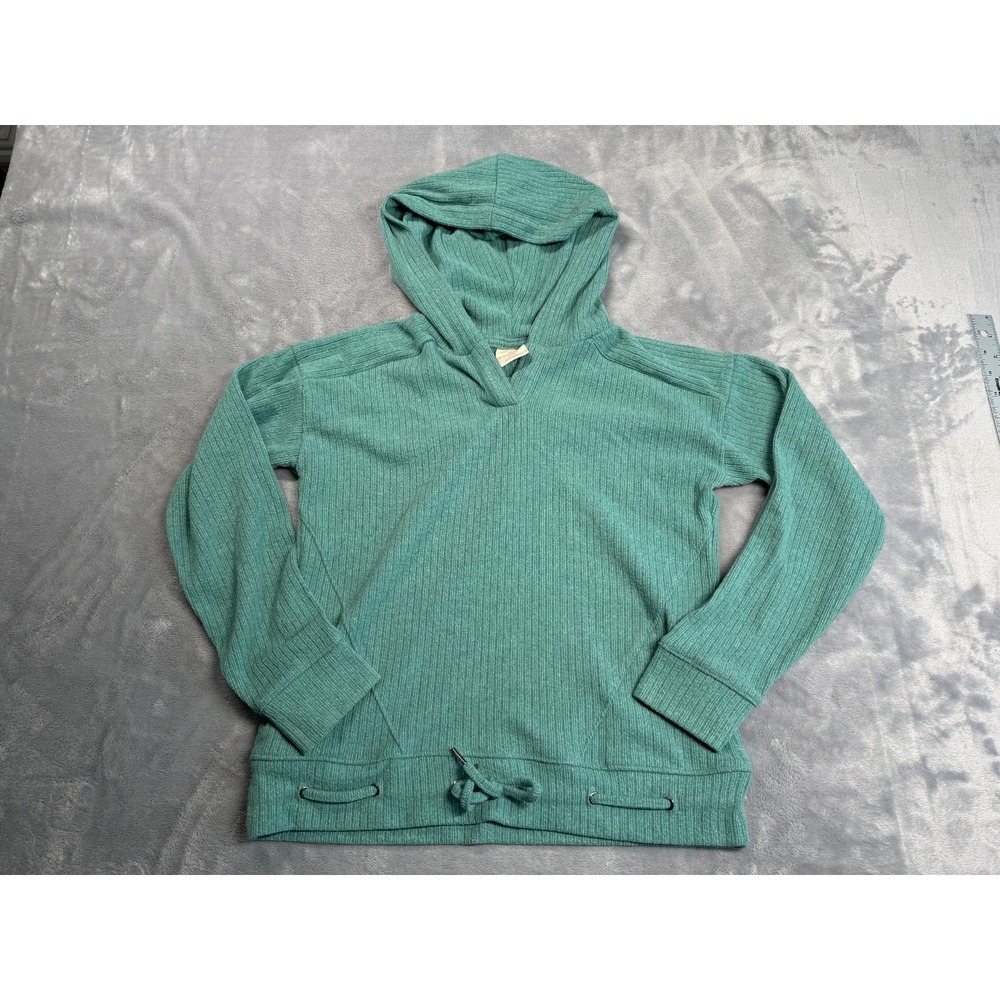 Freely Waffle Weave Hoodie Women's Large Green Drawcord Hem Long Sleeve Pullover